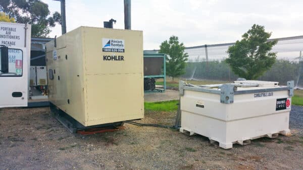Glycol Chiller Rental for Winery in Rural Victoria | 350kw generator and connected bulk tank | Aircon Rentals