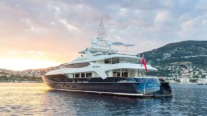 Luxury yacht at sunset before dry dock maintenance supported by marine HVAC hire.