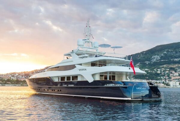 Luxury yacht at sunset before dry dock maintenance supported by marine HVAC hire.