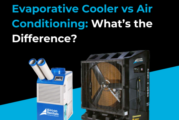 Graphic comparing an evaporative cooler and an air conditioning unit, highlighting the difference between evaporative cooling using water evaporation and air conditioning using refrigeration to remove heat and moisture.