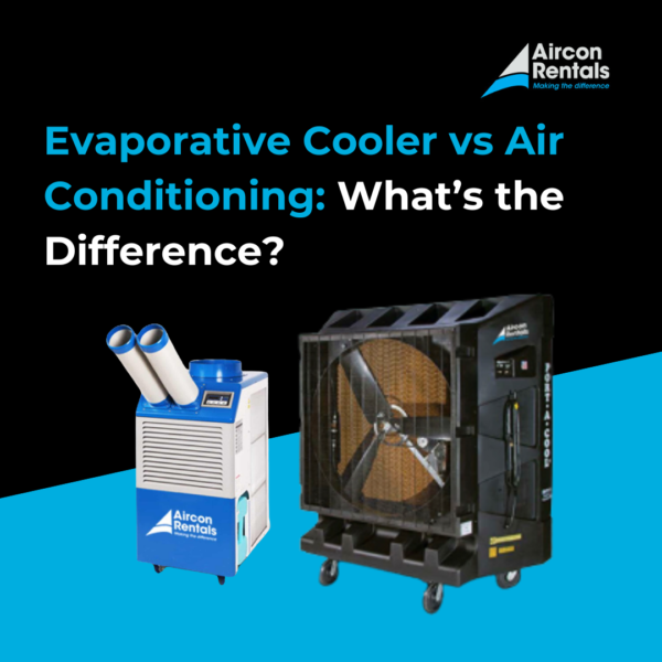 Graphic comparing an evaporative cooler and an air conditioning unit, highlighting the difference between evaporative cooling using water evaporation and air conditioning using refrigeration to remove heat and moisture.