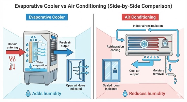 Side-by-side diagram comparing an evaporative cooler and an air conditioning system, showing evaporative cooling using water evaporation and fresh air intake versus air conditioning using a refrigeration cycle to cool and dehumidify recirculated indoor air.