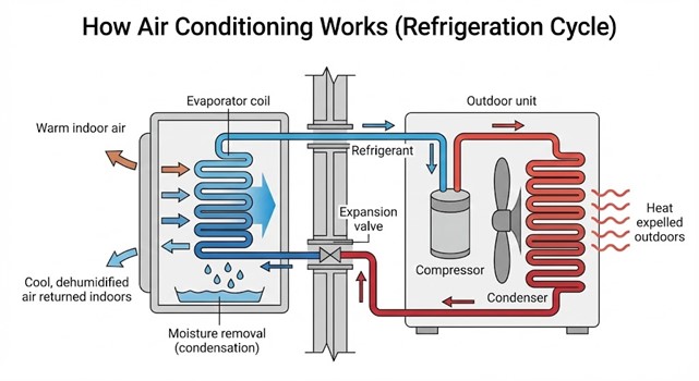 Diagram showing how air conditioning works using a refrigeration cycle, including the evaporator coil, compressor, condenser, expansion valve, and moisture removal through condensation.