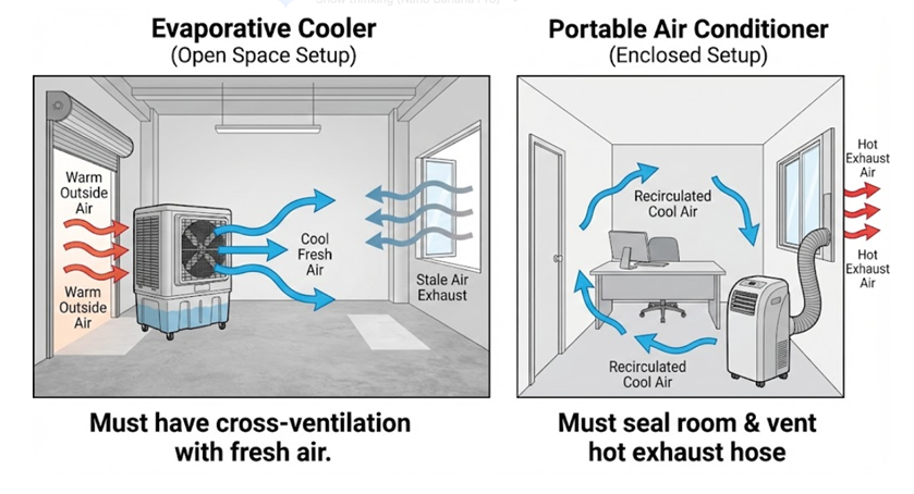Diagram comparing evaporative cooler airflow in open, ventilated spaces versus portable air conditioner cooling in sealed rooms with an exhaust hose.