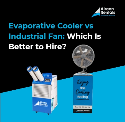 Evaporative cooler vs industrial fan comparison showing temperature reduction through evaporative cooling versus air circulation from an industrial fan.