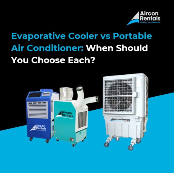 Evaporative cooler vs portable air conditioner comparison showing different cooling systems for open ventilated spaces and sealed rooms