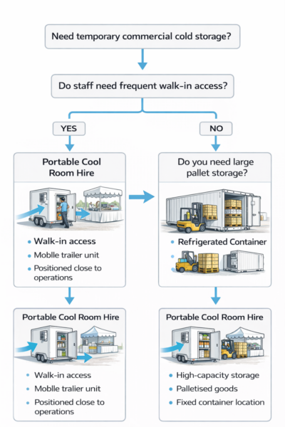 Cool room hire vs refrigerated container hire decision guide showing when to choose walk-in access or pallet storage for temporary cold storage