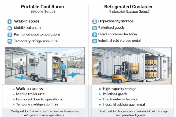 portable cool room hire vs refrigerated container hire comparison showing walk-in access vs pallet storage and industrial cold storage differences